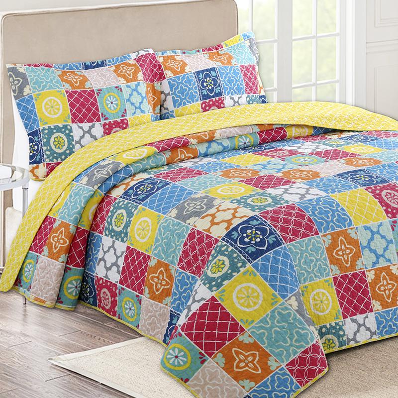 Quilt Set Yellow Blue Reversible Cotton Bedding Set